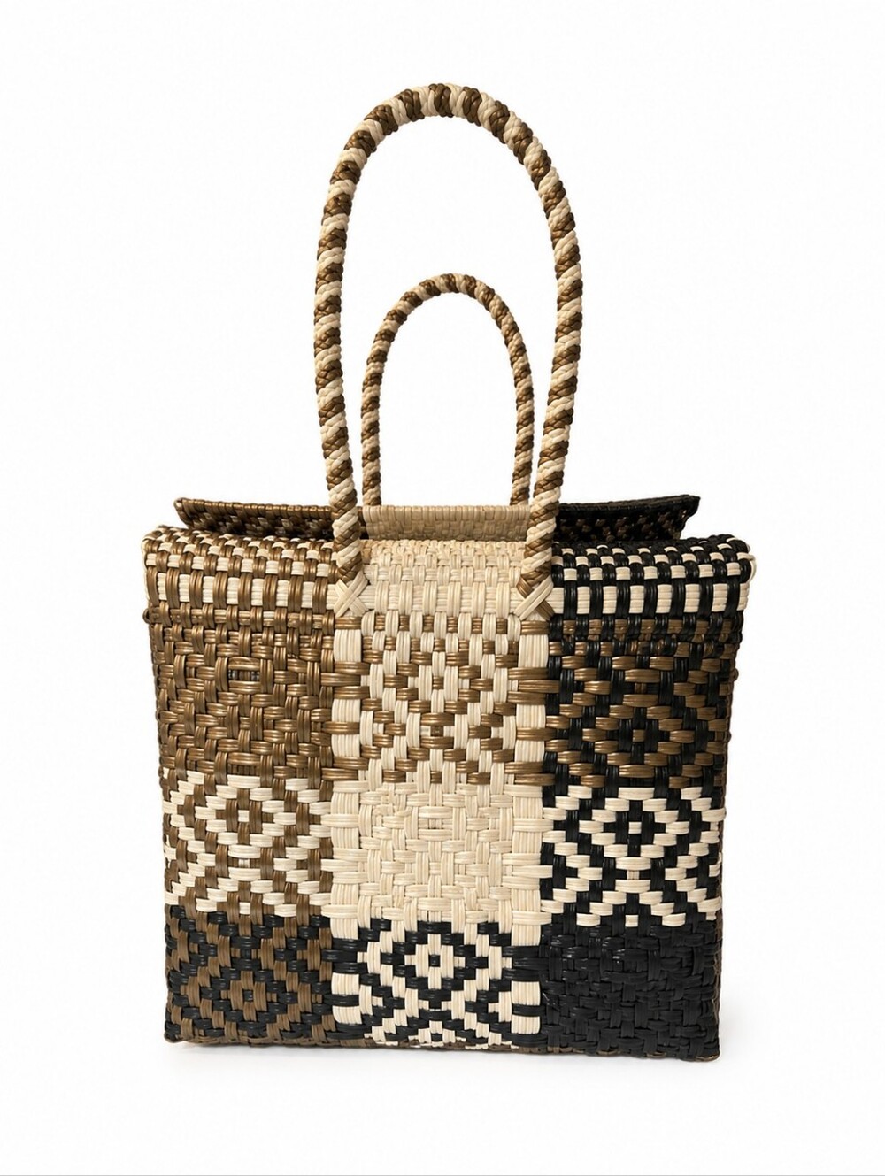 Woven Patterned Tote Bag in Natural, Brown & Black